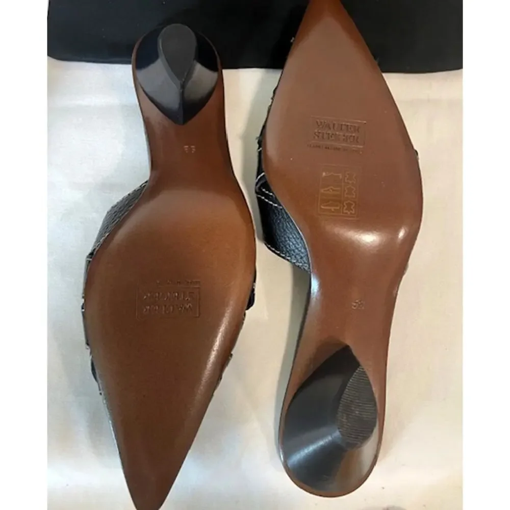 Walter Steiger Black Leather Pointed-Toe Woven Mules
